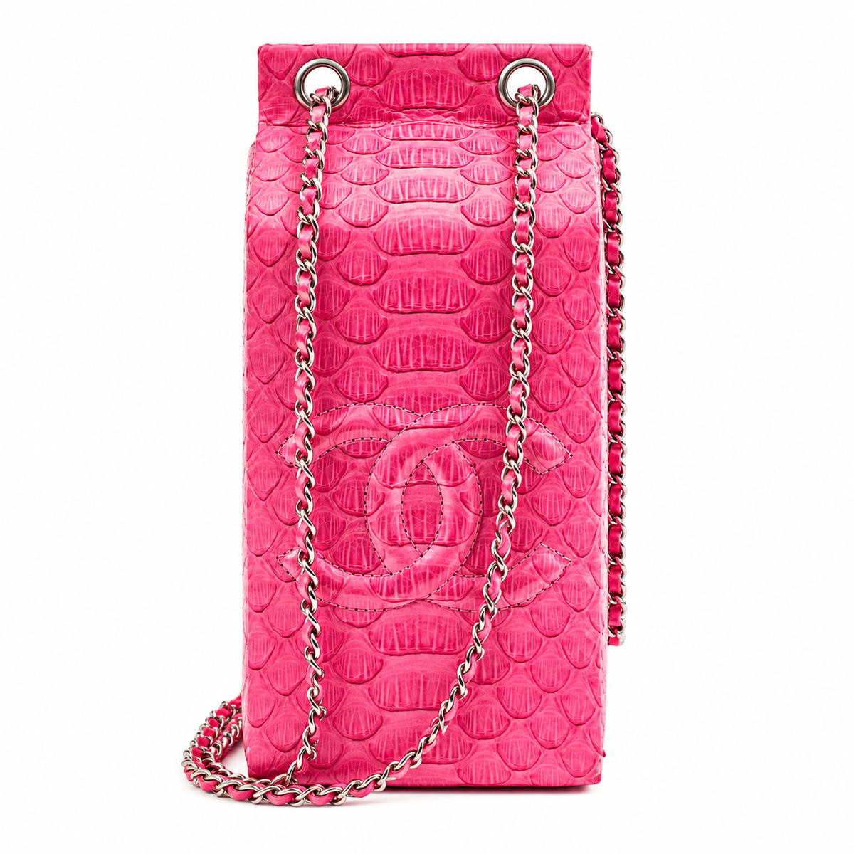 Pink Python Chanel clutch bag with Lait de Coco Milk Carton design, featuring a sleek and stylish accessory for elegant occasions.