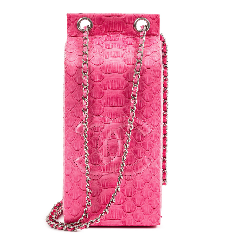 Chanel pink python leather clutch bag with lait de coco milk carton design and textured python pattern.
