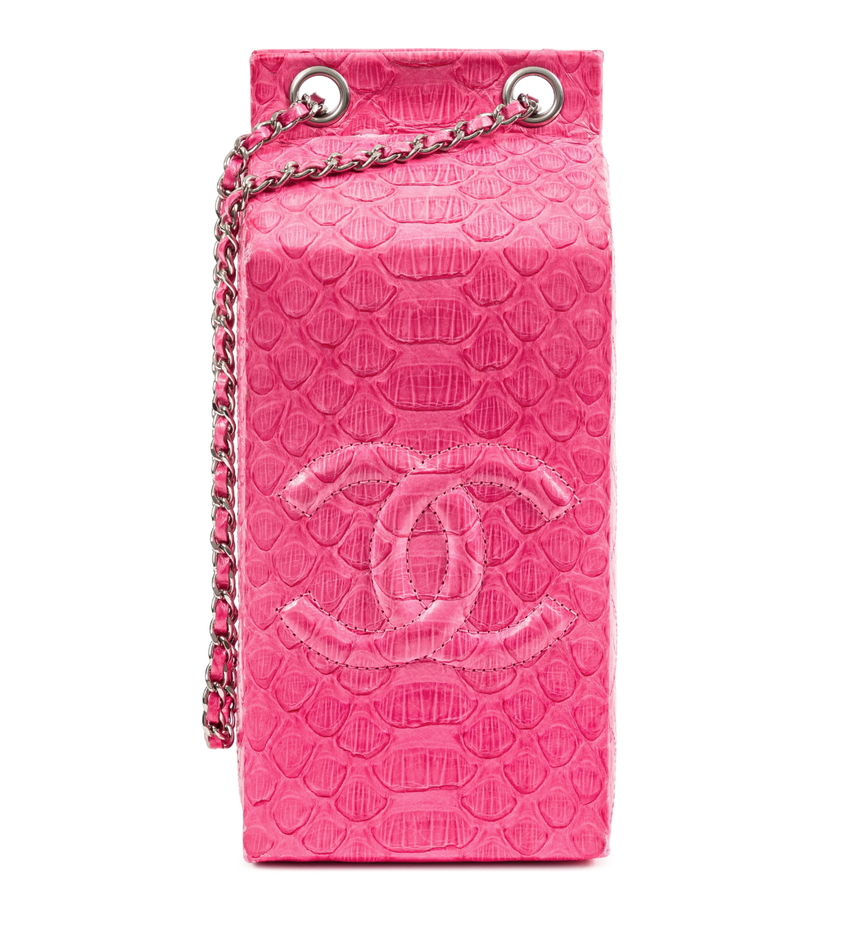 Chanel pink python leather clutch bag with milk carton design and Lait de Coco branding, featuring a sleek, compact style.