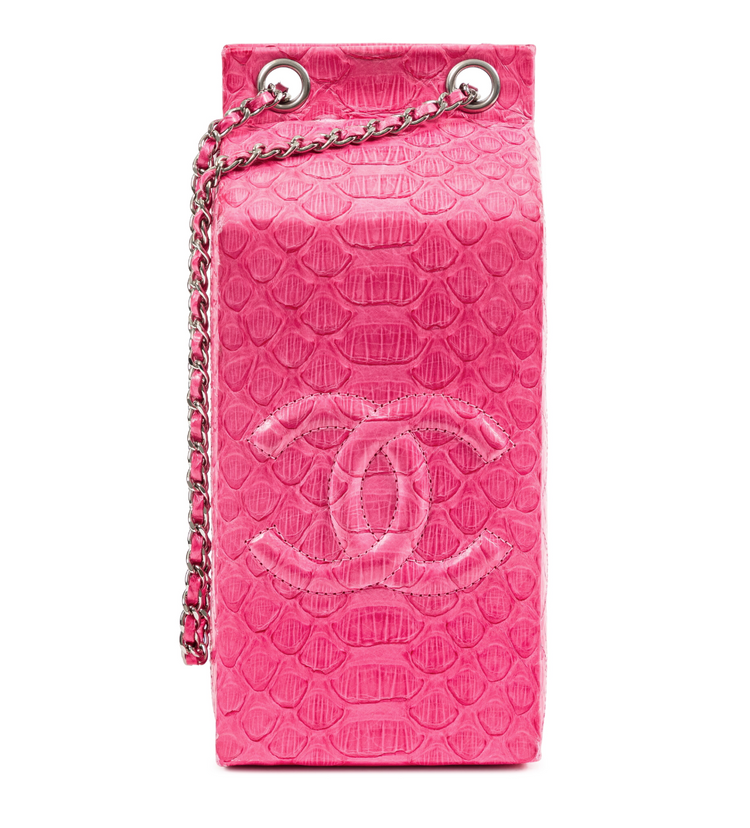 Chanel pink python leather clutch bag with milk carton design and Lait de Coco branding, featuring a sleek, compact style.