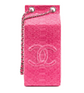 Chanel pink python leather clutch bag with milk carton design and Lait de Coco branding, featuring a sleek, compact style.