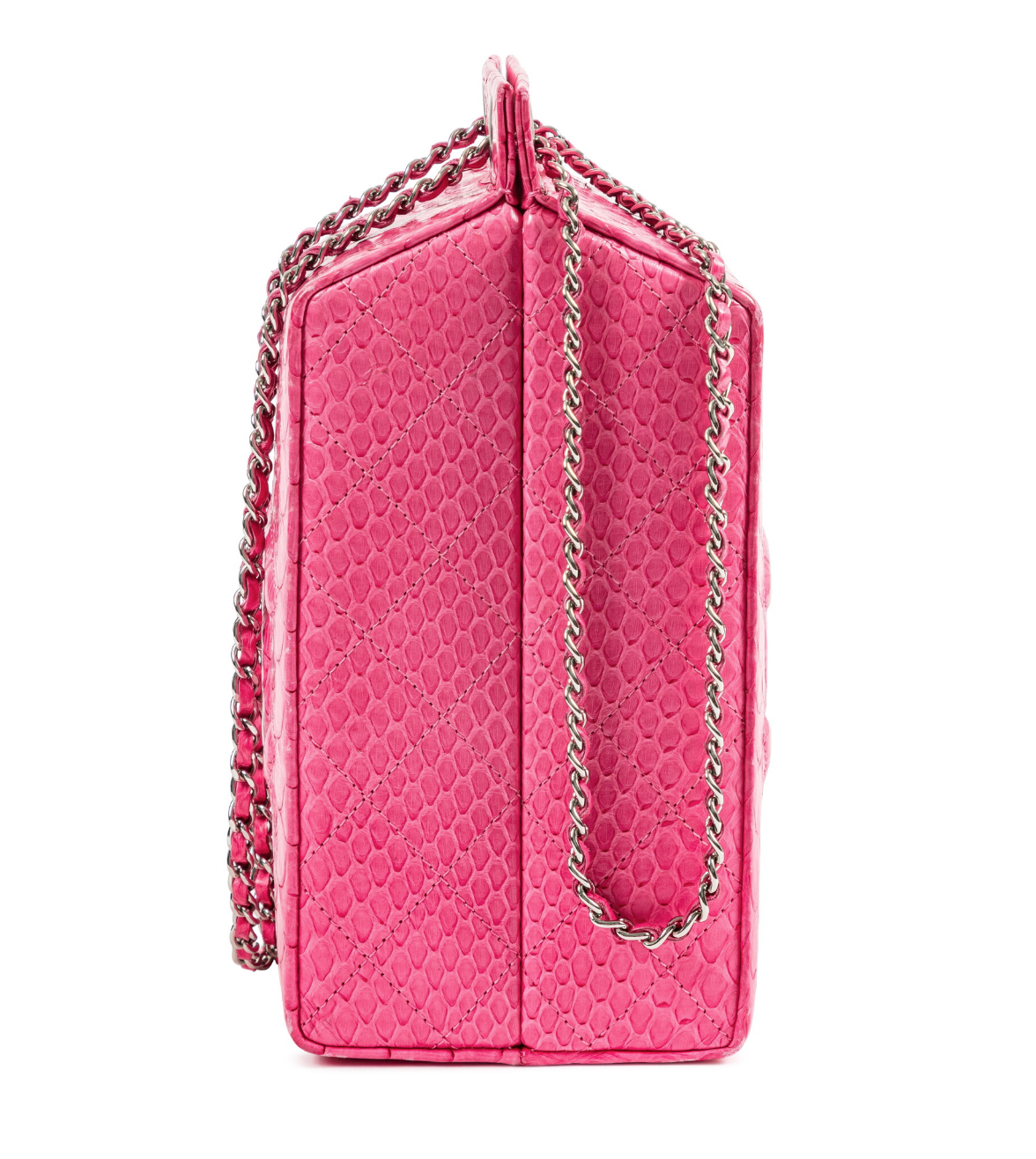 Chanel pink python clutch bag with milk carton design, featuring a sleek, textured exterior and elegant shape.