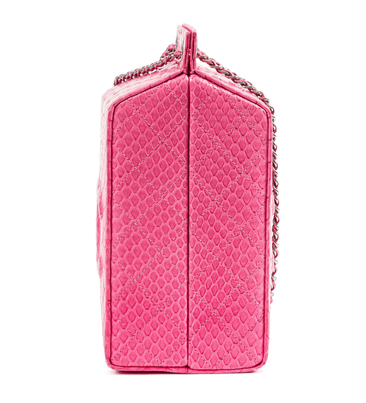 Chanel 2014 pink python leather clutch bag with milk carton design, featuring a sleek, compact shape and luxurious texture.