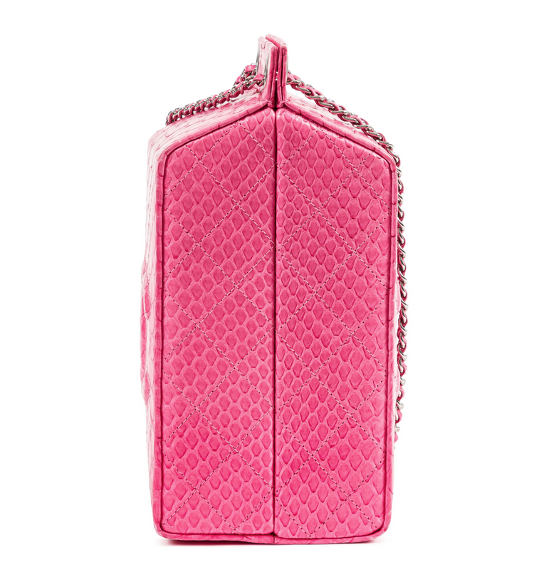 Chanel 2014 pink python leather clutch bag with milk carton design, featuring a sleek, compact shape and luxurious texture.