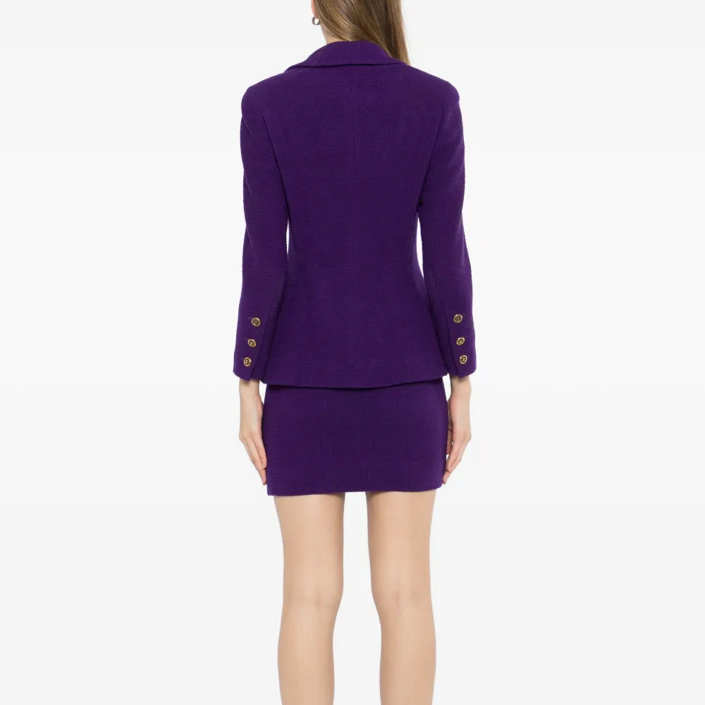 Chanel purple single-breasted tweed suit set with blazer and matching trousers, stylish and elegant women&