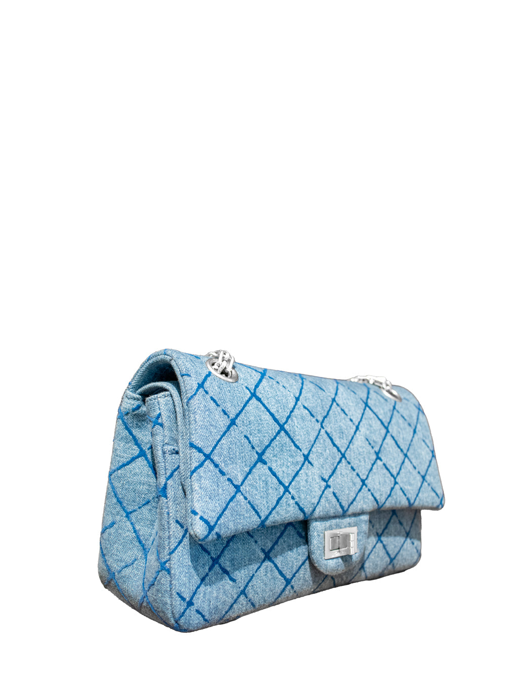 Chanel Re-issue Denim Flap Bag, side view showing chain strap