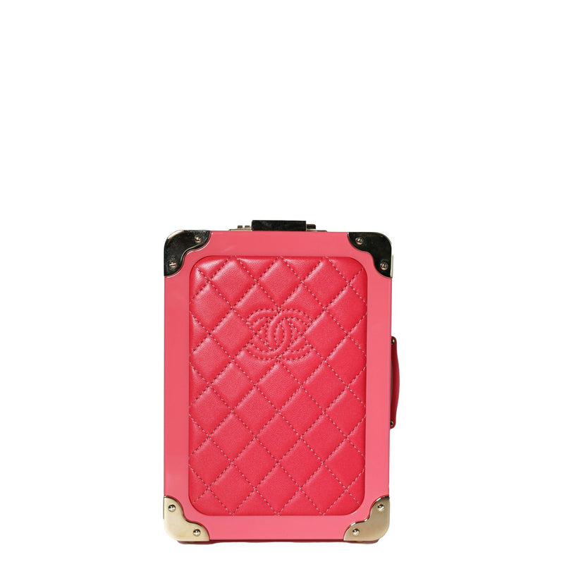 Chanel SS 2016 pink Trolley Minaudière clutch, front view with shoulder strap
