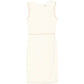 Chanel sleeveless cream wool tweed dress displayed on a hanger, showcasing classic elegant design and textured fabric.