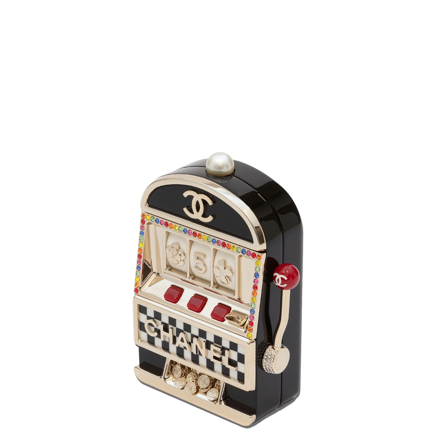 Chanel Slot Machine Casino Minaudière Clutch with black, cream and gold-tone slot machine design, CC logos, pearl-style top detail, rainbow crystal trim, checkerboard Chanel lettering, decorative lever and coin accents.