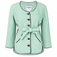 Mint green tweed Chanel jacket with belted waist, classic blazer style, and textured fabric from the 2012 spring collection.