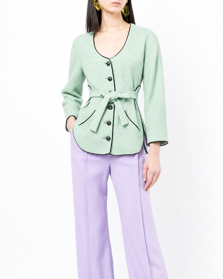 Mint green Chanel tweed jacket with belt, stylish spring blazer featuring classic boucle texture and tailored fit.