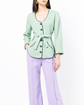 Mint green Chanel tweed jacket with belt, stylish spring blazer featuring classic boucle texture and tailored fit.