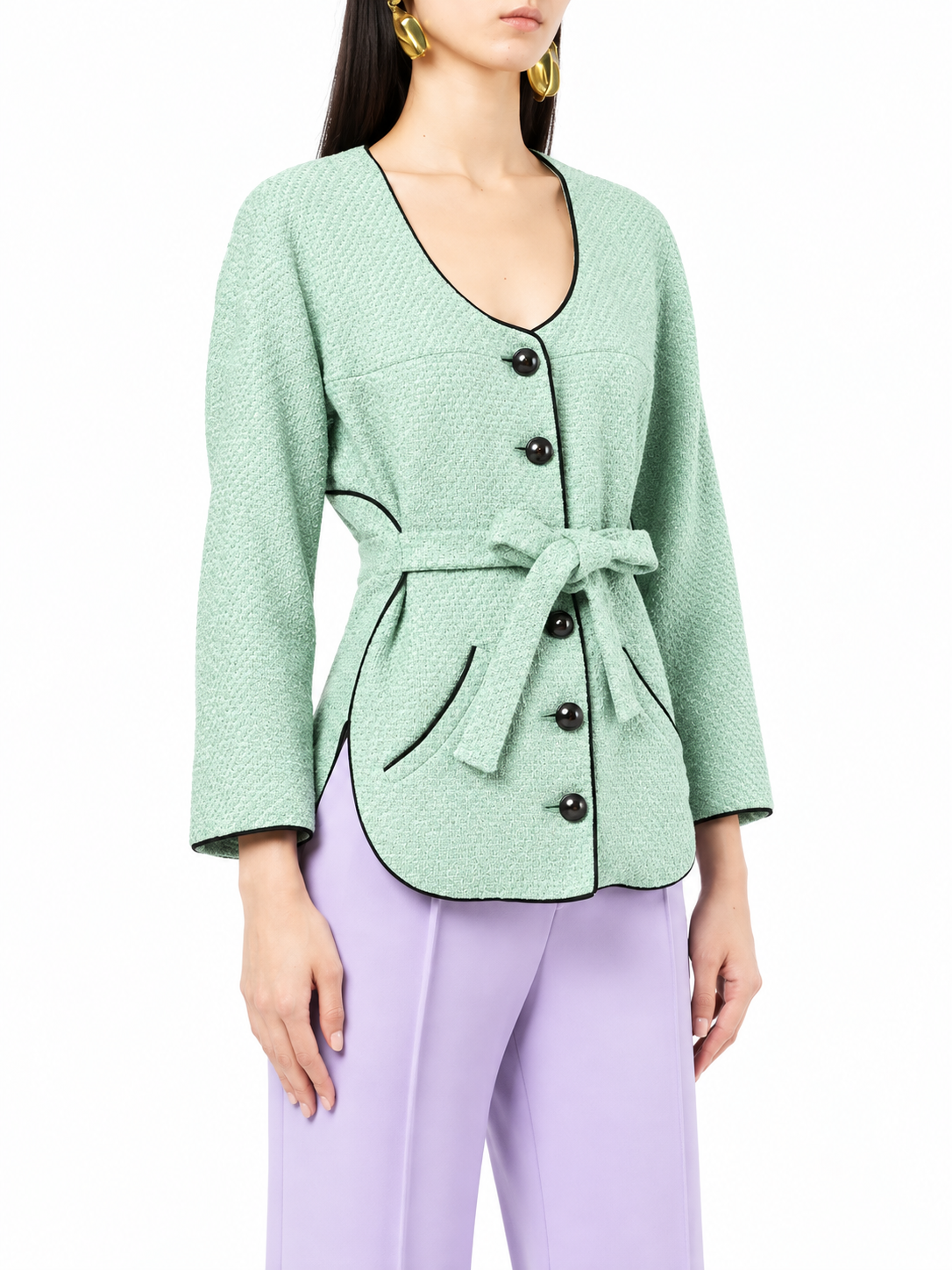 Mint green Chanel tweed blazer with belt, spring 2012, stylish women’s jacket featuring classic textured fabric and tailored fit.