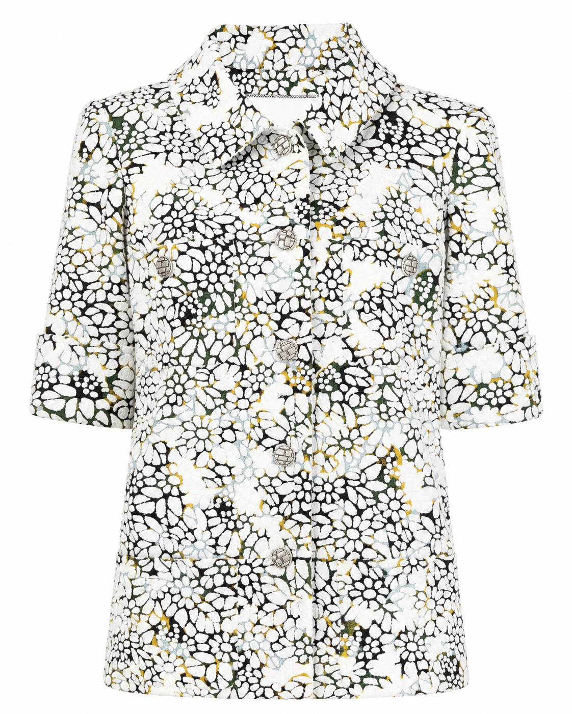 Chanel autumn flower-print blazer with multicolour floral pattern, tailored jacket with classic lapel and button closure.