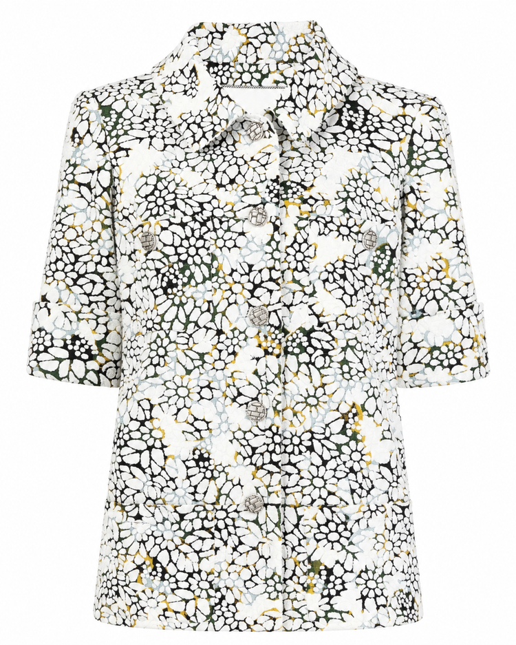 Chanel autumn flower-print blazer with multicolour floral pattern, tailored jacket with classic lapel and button closure.