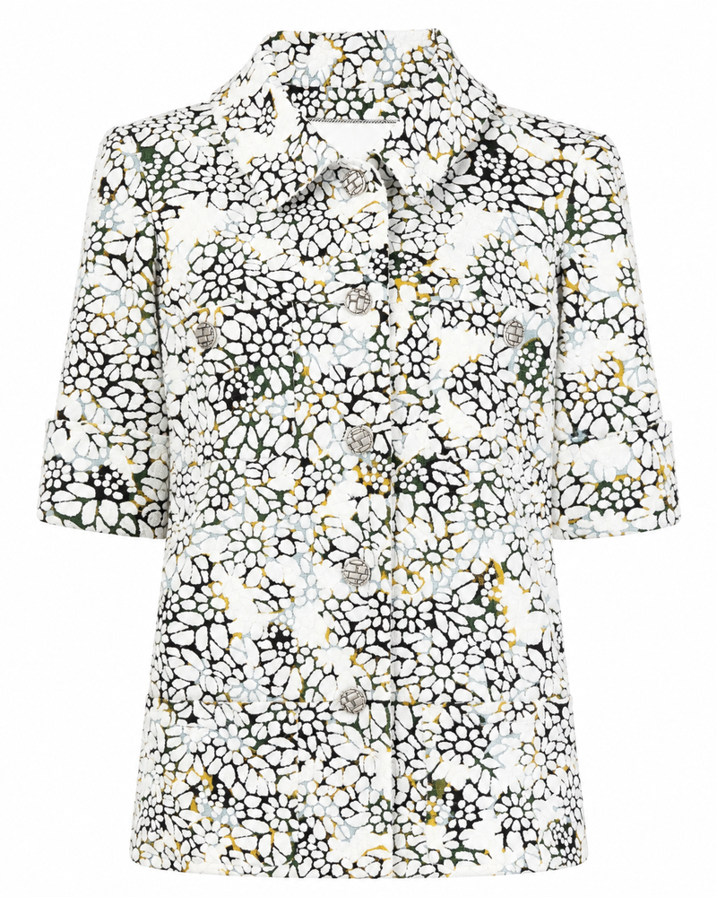 Chanel autumn flower-print blazer with multicolour floral pattern, tailored jacket with classic lapel and button closure.