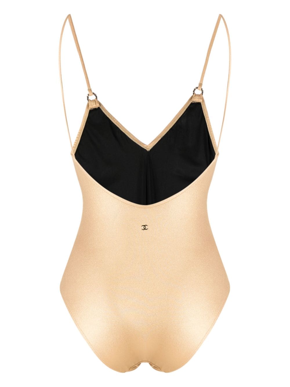 Chanel 2022 CC gold metallic one-piece swimsuit with sleek design and high-cut style, perfect for stylish swimwear.
