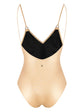 Chanel 2022 CC gold metallic one-piece swimsuit with sleek design and high-cut style, perfect for stylish swimwear.