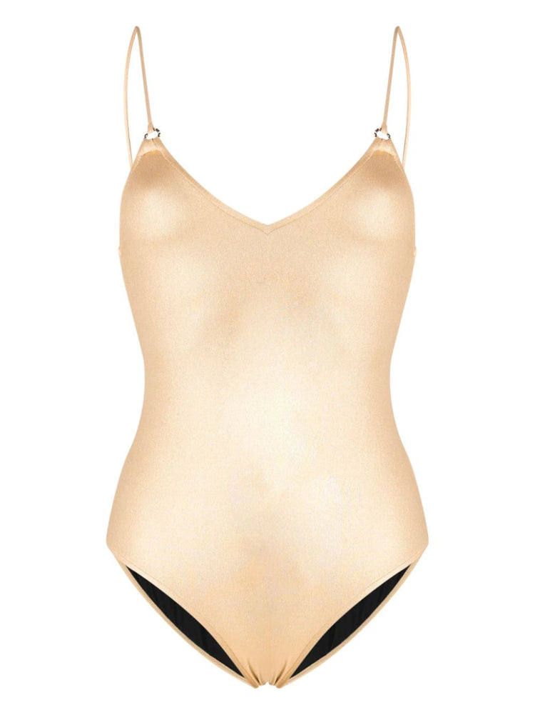 Chanel 2022 CC gold metallic one-piece swimsuit, shiny swimwear with classic logo and sleek design, perfect for beach or pool.