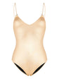 Chanel 2022 CC gold metallic one-piece swimsuit, shiny swimwear with classic logo and sleek design, perfect for beach or pool.