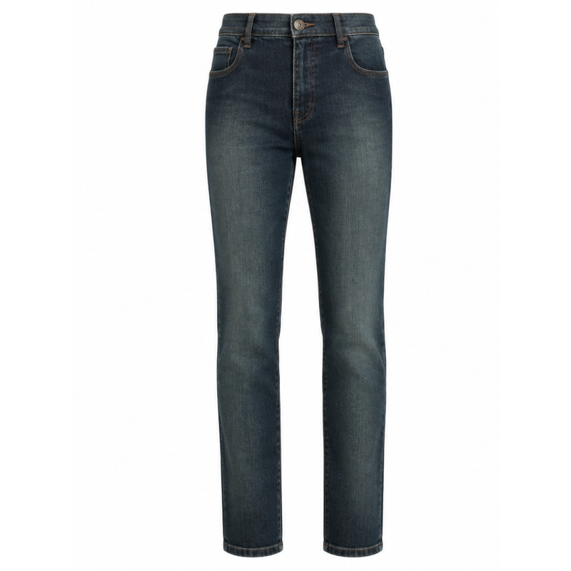 Chanel dark blue stonewashed skinny jeans with high-rise waist, slim straight silhouette, five-pocket construction and contrast brown stitching.