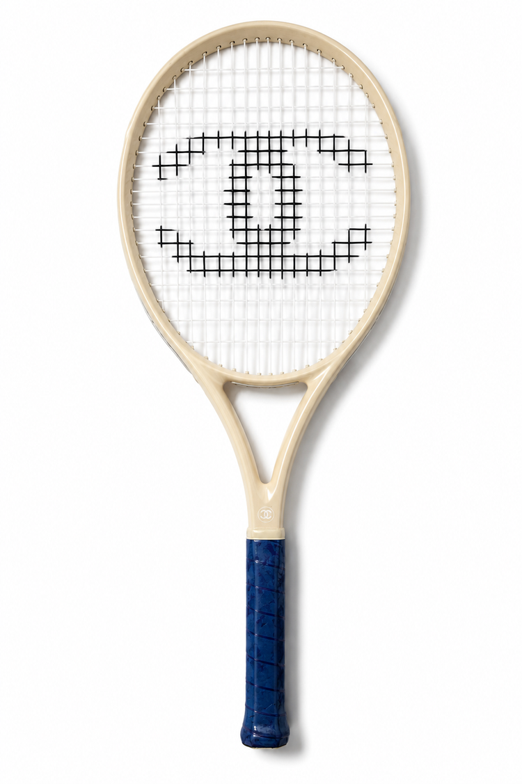 Chanel Tennis racket with a blue handle on a white background