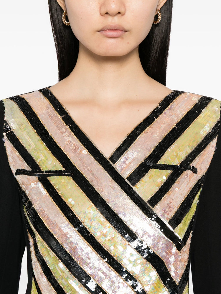 Chanel V-neck sequin striped top featuring shimmering sequins and stylish pattern, perfect for elegant casual wear.