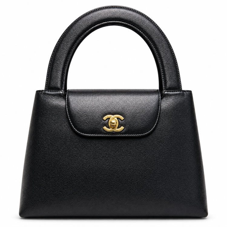 Chanel Vintage Kelly Bag from 1997–1999 in black caviar leather with 24K gold-plated CC hardware and structured double top handles.