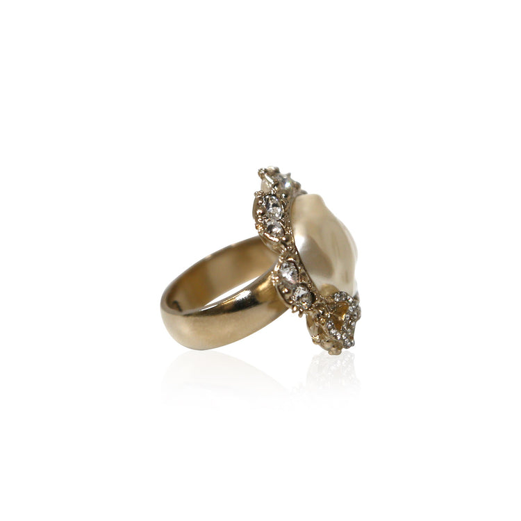 Chanel white CC ring with rhinestones, close-up detail view
