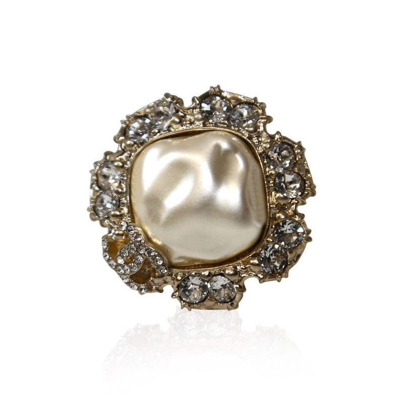 Chanel white CC ring with rhinestones, front view