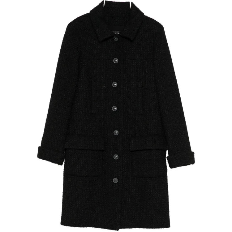 Chanel wool tweed coat with classic pattern, tailored fit, and elegant collar, displayed on a hanger.