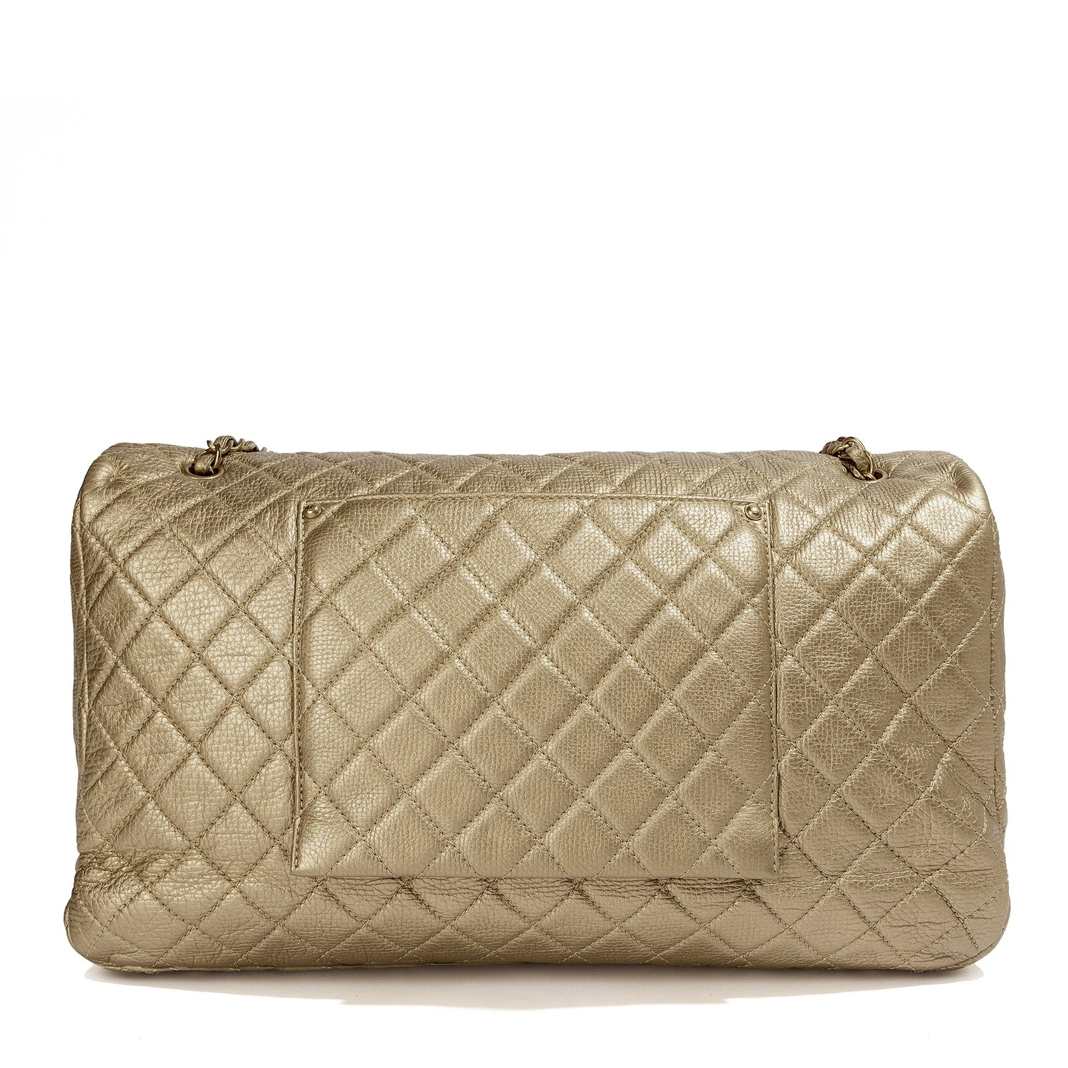 Metallic gold Chanel XXL airline travel flap bag with shoulder strap, side view showing textured surface and sleek design.