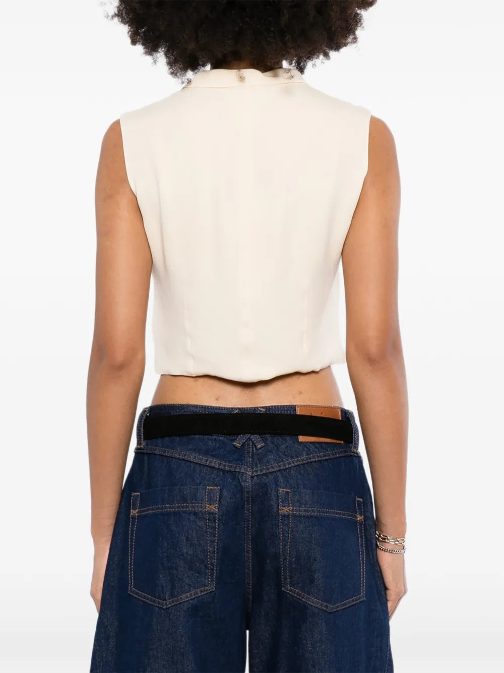 Back view of Chanel beige cropped collared vest, stylish women&