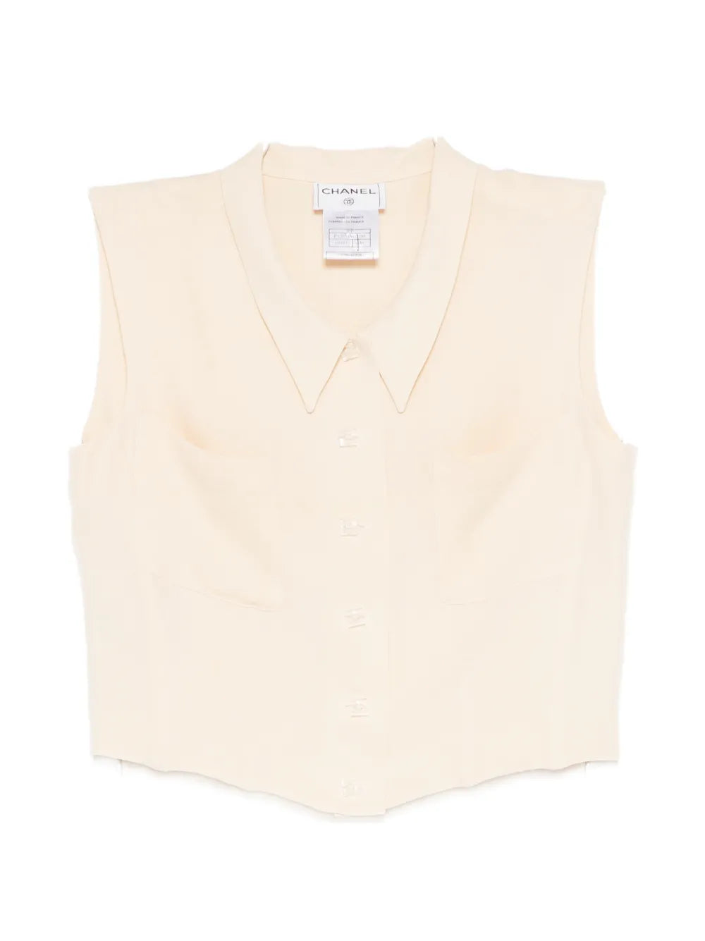 Beige Chanel cropped collared vest, front view, stylish sleeveless top with a tailored collar and clean design.