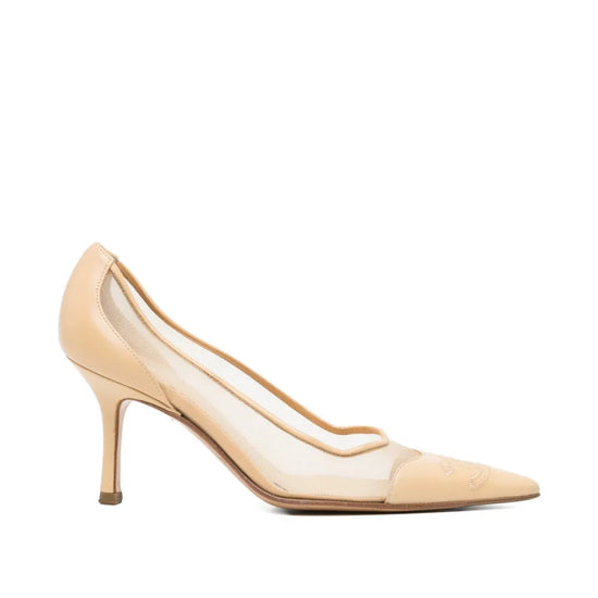 Beige mesh Chanel CC pointed pumps showing elegant pointed toe design and classic Chanel branding on the shoes.