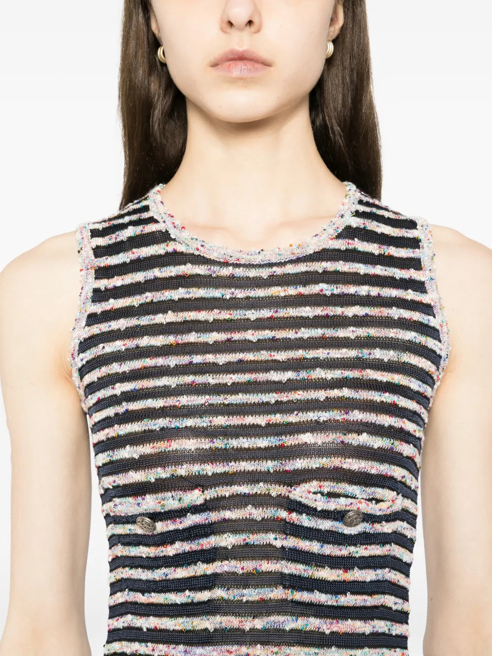 Chanel multicolour sleeveless striped dress with a fitted silhouette and vibrant horizontal stripes, perfect for stylish summer wear.