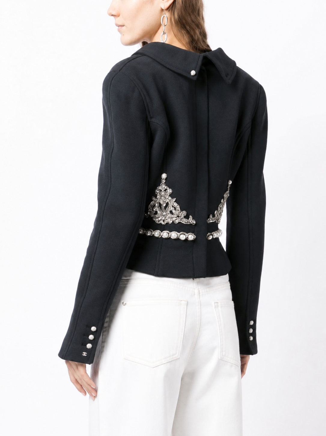 Chanel black blazer with rhinestone embellishments, tailored jacket featuring sparkling details and classic design.