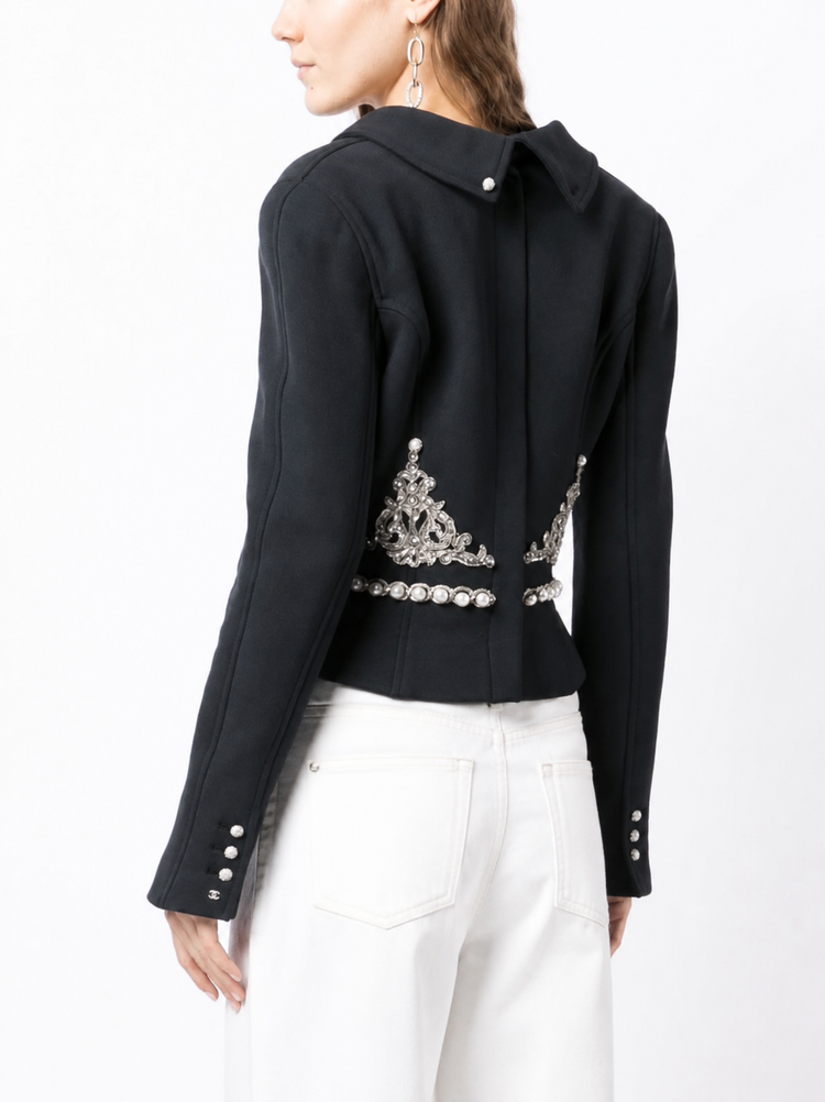 Chanel black blazer with rhinestone embellishments, tailored jacket featuring sparkling details and classic design.