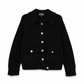 Black cashmere knit cardigan by Chanel, stylish long-sleeve top with a relaxed fit, shown from a side view.