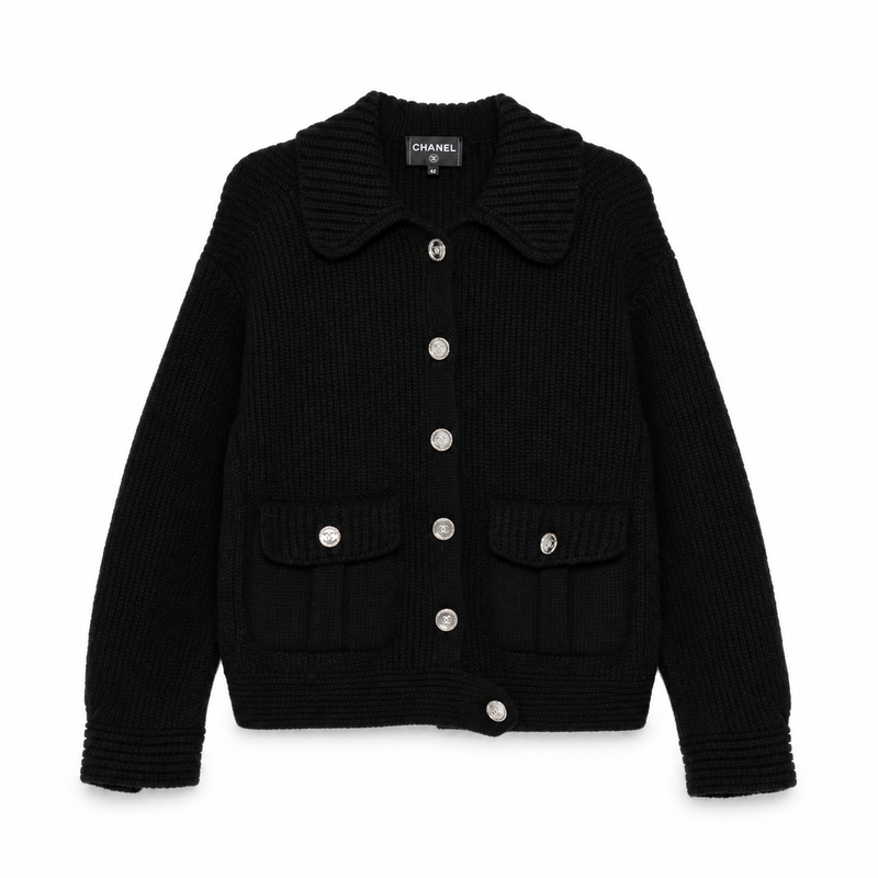 Side view of Chanel black cashmere knit cardigan, a stylish women&