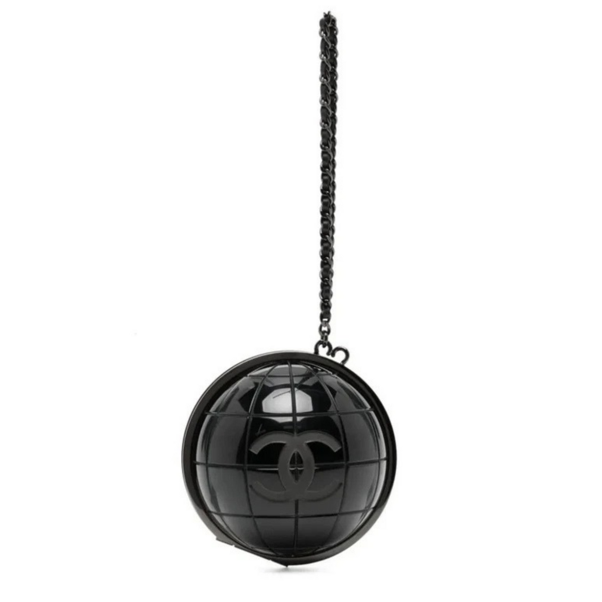 Black Chanel Globe Minaudière clutch featuring a spherical design and elegant gold accents, perfect for evening events.