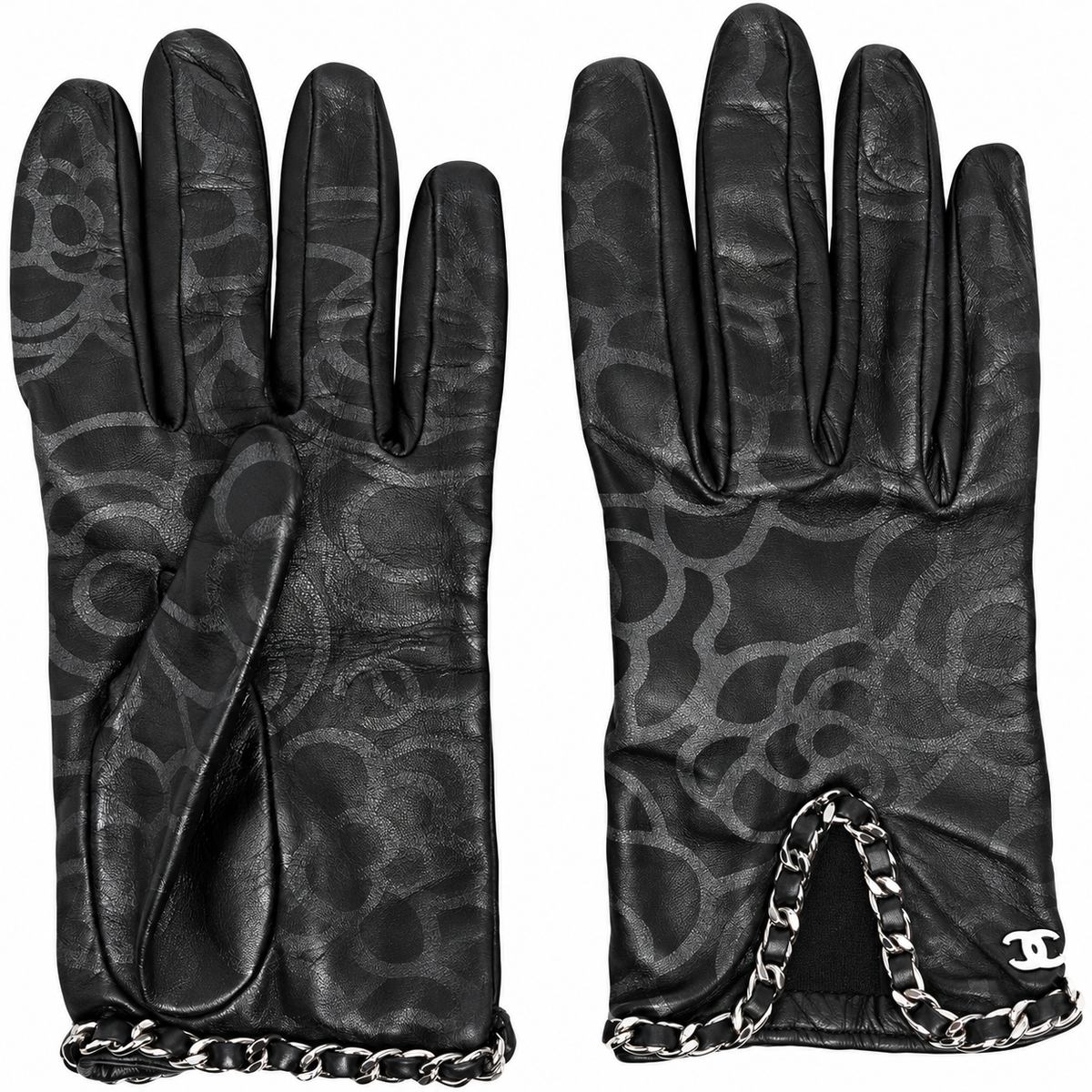 Chanel black leather gloves with tonal abstract pattern, silver-tone leather-woven chain trim and interlocking CC logo detail.