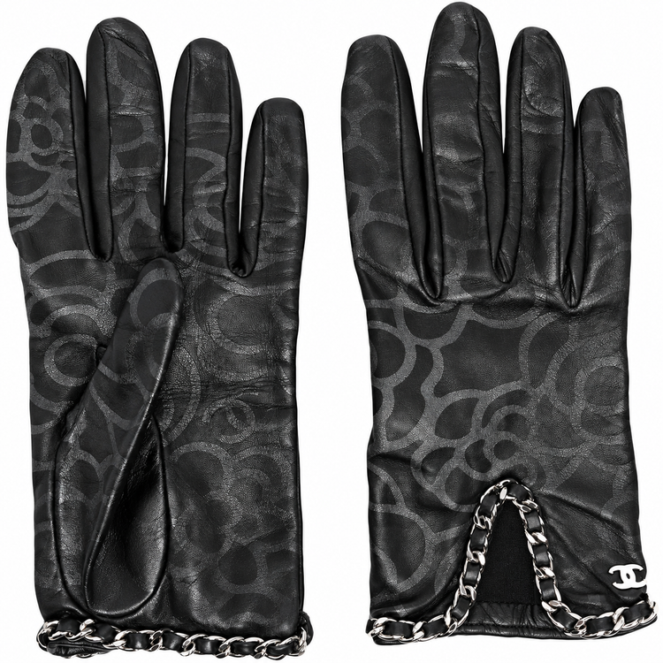 Chanel black leather gloves with tonal abstract pattern, silver-tone leather-woven chain trim and interlocking CC logo detail.