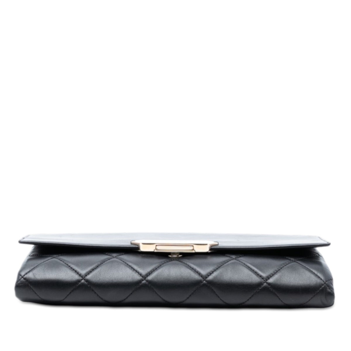 Chanel black quilted lambskin retro clutch bag with fold-over flap, front Chanel logo plaque, silver-tone chain detail and slim rectangular silhouette.
