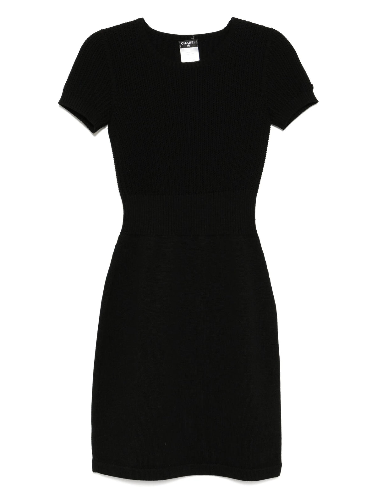 Black Chanel short-sleeve wool dress with a fitted silhouette, showcasing a classic elegant design perfect for stylish occasions.