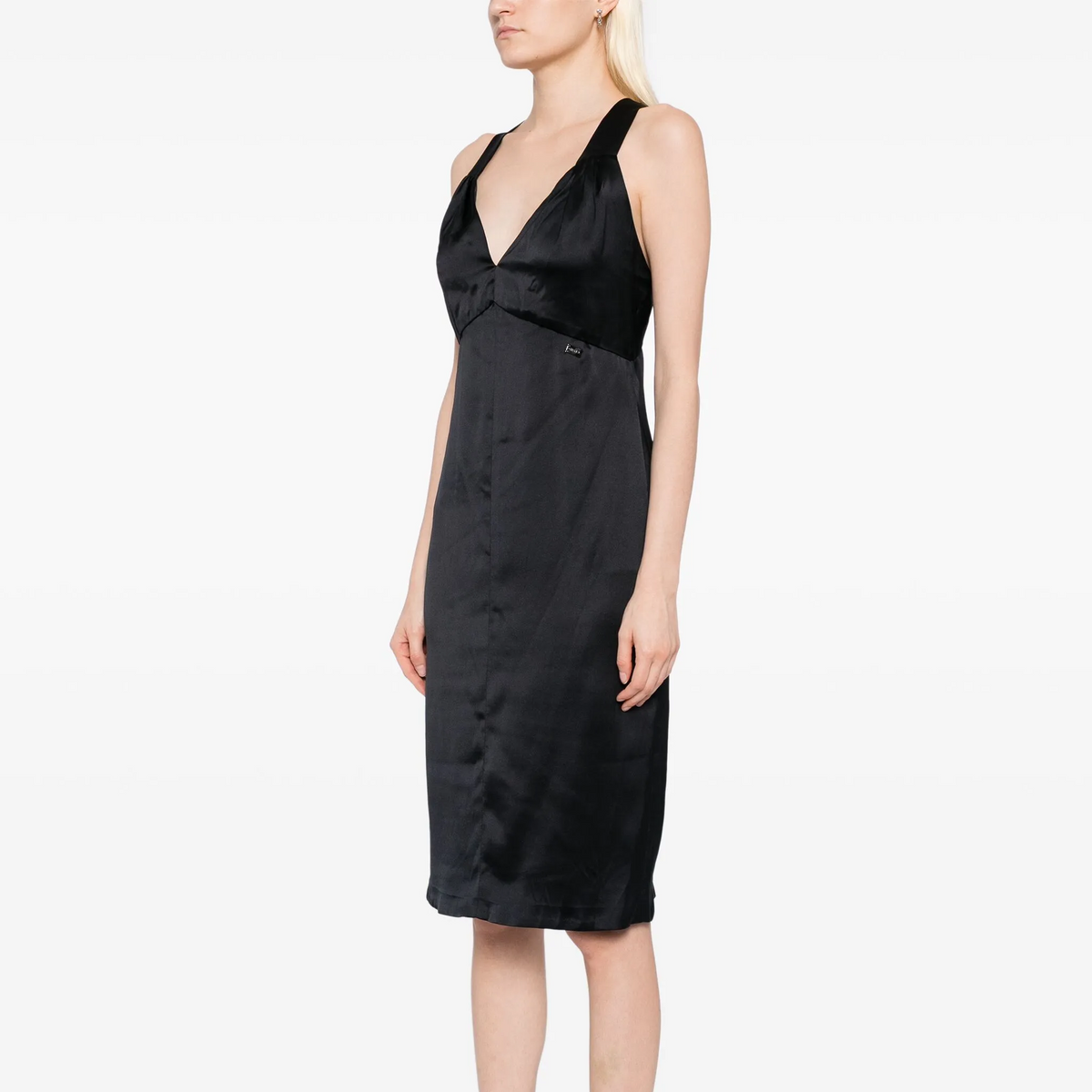 Black silk midi dress by Chanel, featuring elegant design, smooth fabric, and a sophisticated silhouette suitable for formal occasions.