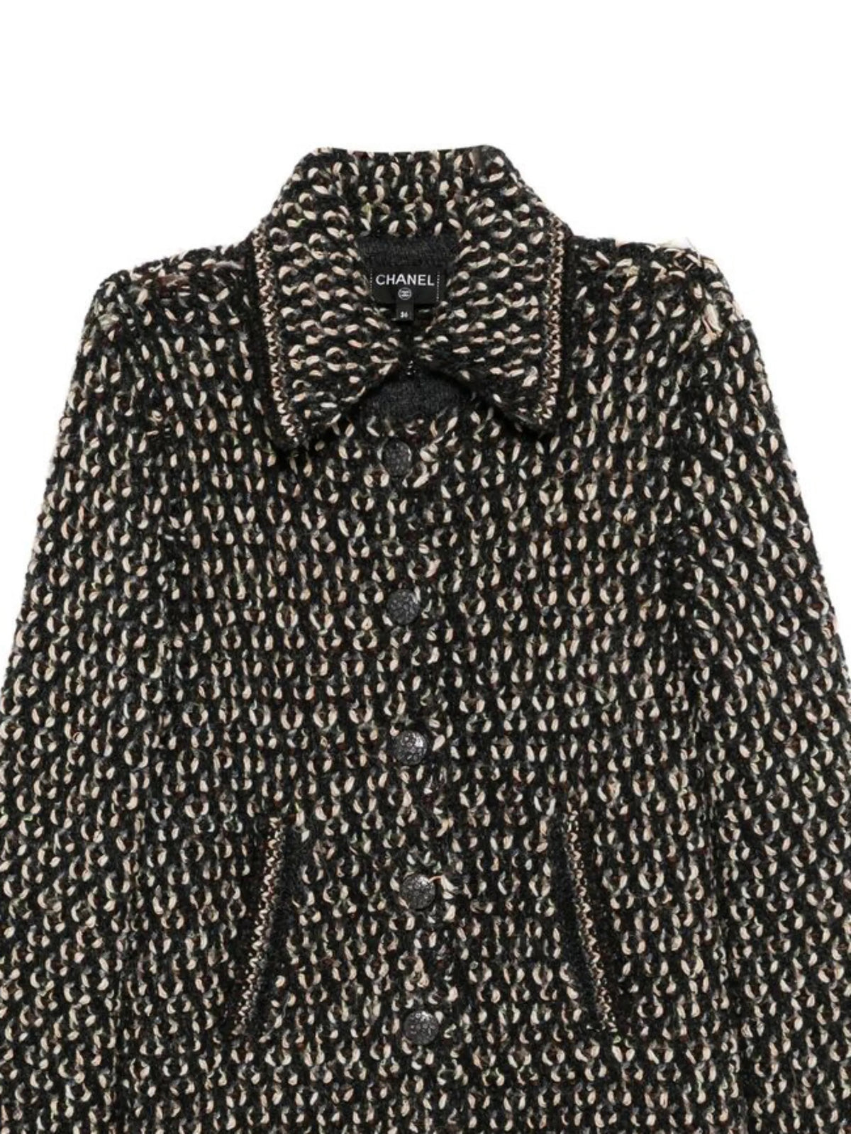 Black Chanel tweed coat with textured fabric and longline design, showcasing classic elegant outerwear.