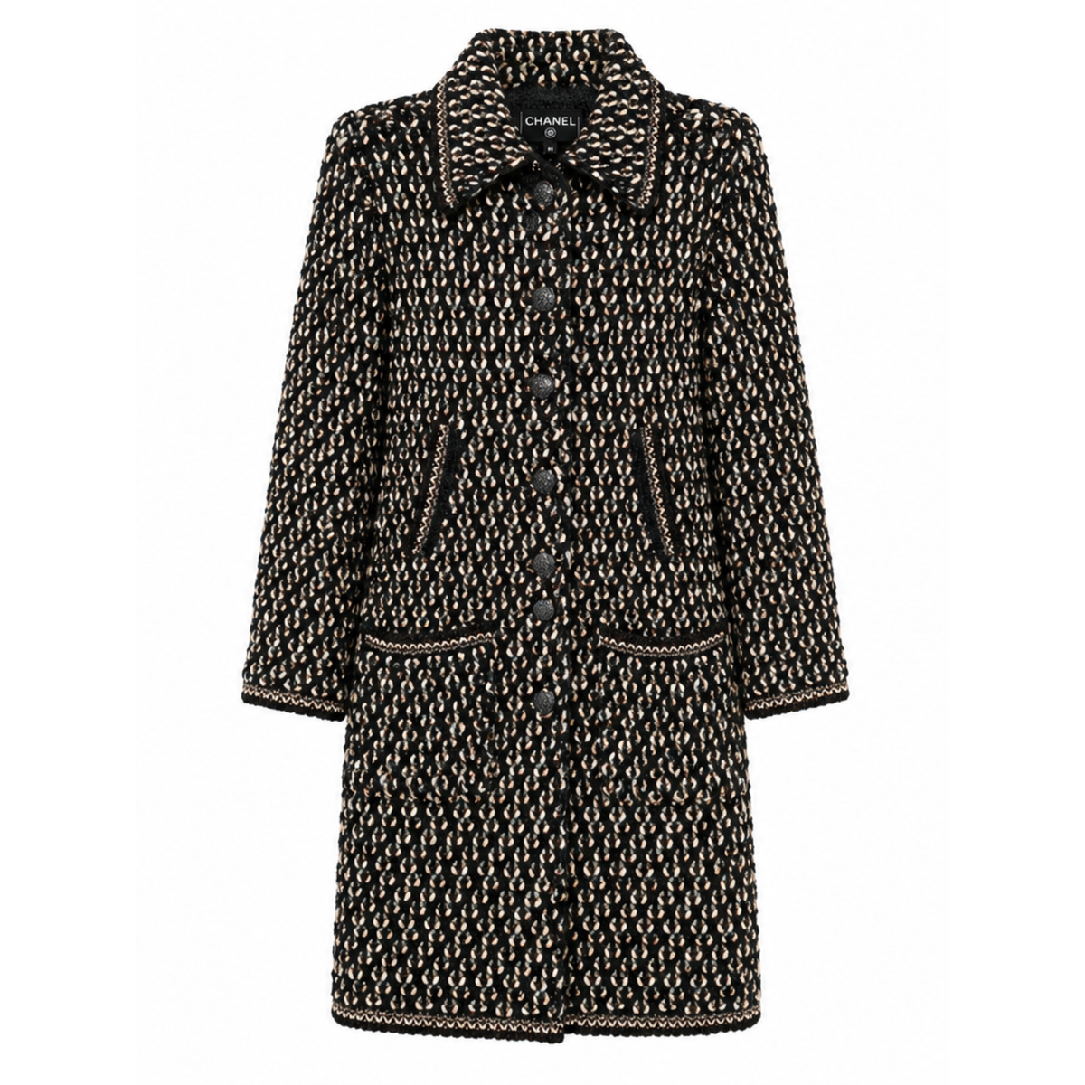 Black tweed coat by Chanel featuring textured fabric and a longline design, perfect for stylish cold-weather wear.