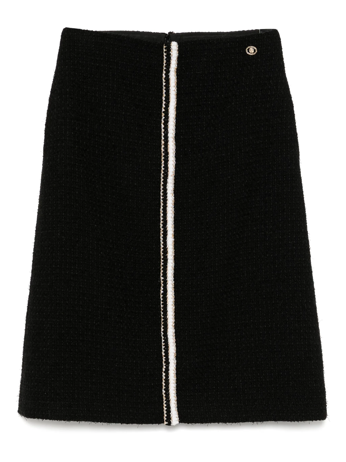 Black tweed skirt by Chanel, knee-length skirt from the 2020 collection, featuring classic tweed fabric and tailored fit.