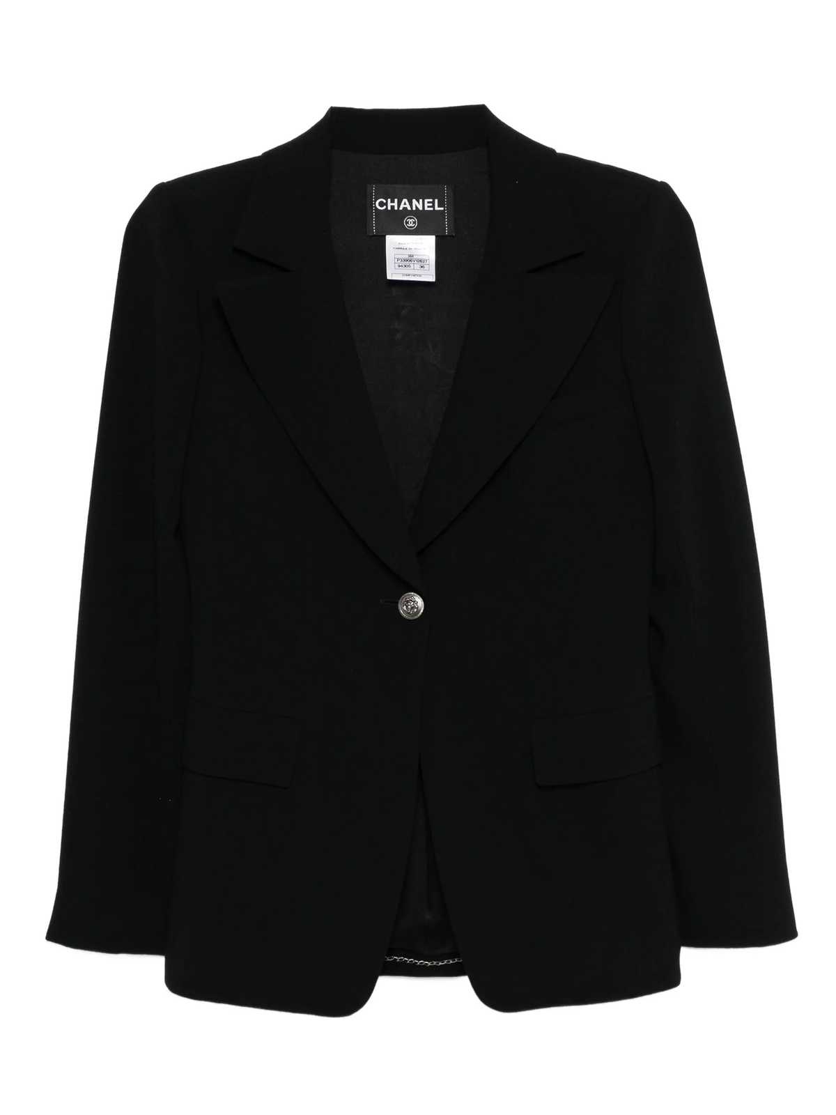 Chanel black wool blazer with tailored fit, classic collar, and button closure, stylish for formal and casual wear.